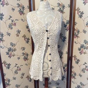 Vintage Y2K Crochet Lace Vest by Nuggets-Ramie Cotton Boho Button-Front Festival
